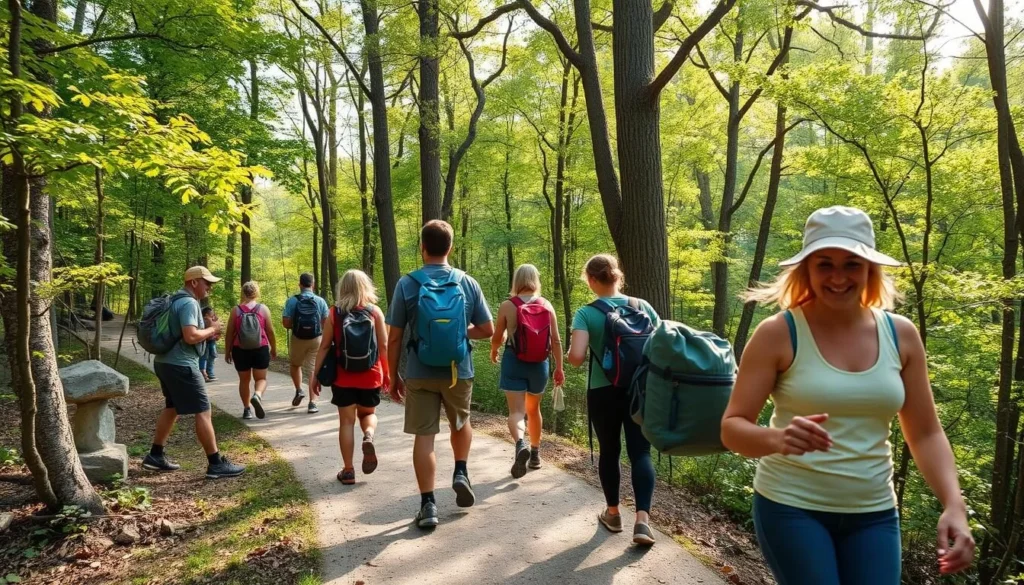 Hikers exploring trails at Starved Rock State Park on a beautiful sunny day
