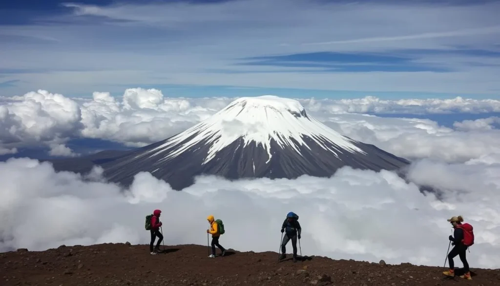 Hikers on Cotopaxi volcano with snow-capped peak in background, one of the best things to do in Ecuador Hikers on Cotopaxi volcano with snow-capped peak in background, one of the best things to do in Ecuador