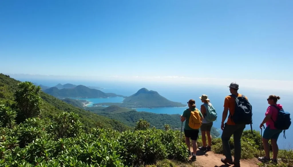 Hikers on Mount Choungui trail with panoramic views of Mayotte island and lagoon Hikers on Mount Choungui trail with panoramic views of Mayotte island and lagoon