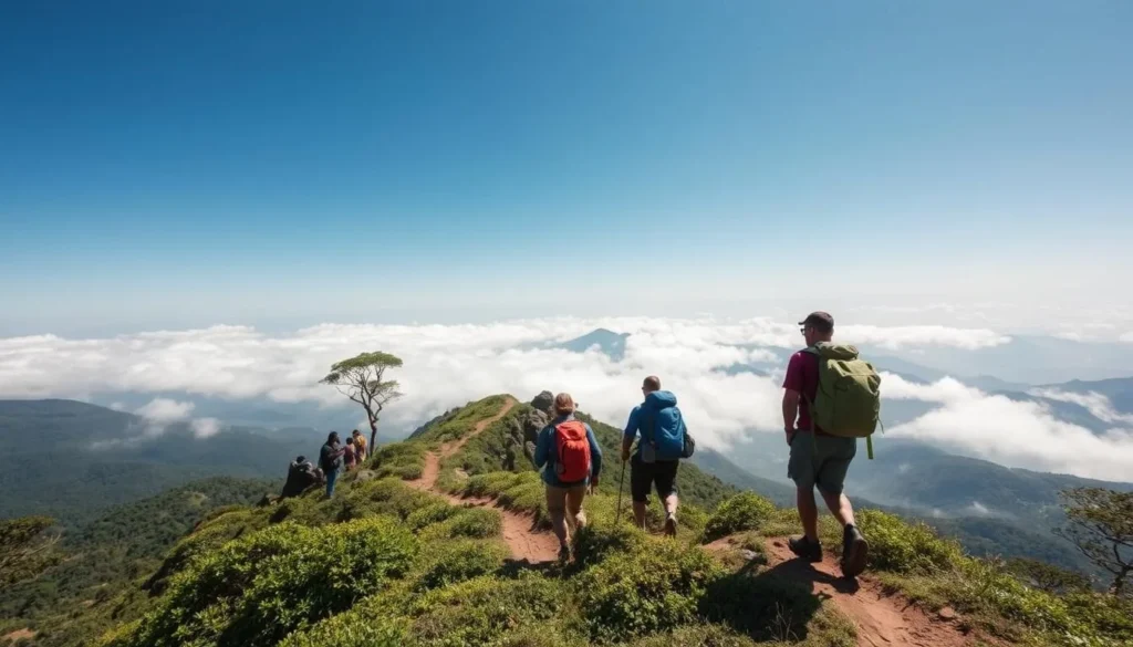 Hikers on Mount Mulanje with dramatic mountain scenery and clouds below
