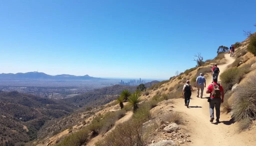 Hikers on Runyon Canyon trail with panoramic views of Los Angeles and the Hollywood Sign Hikers on Runyon Canyon trail with panoramic views of Los Angeles and the Hollywood Sign