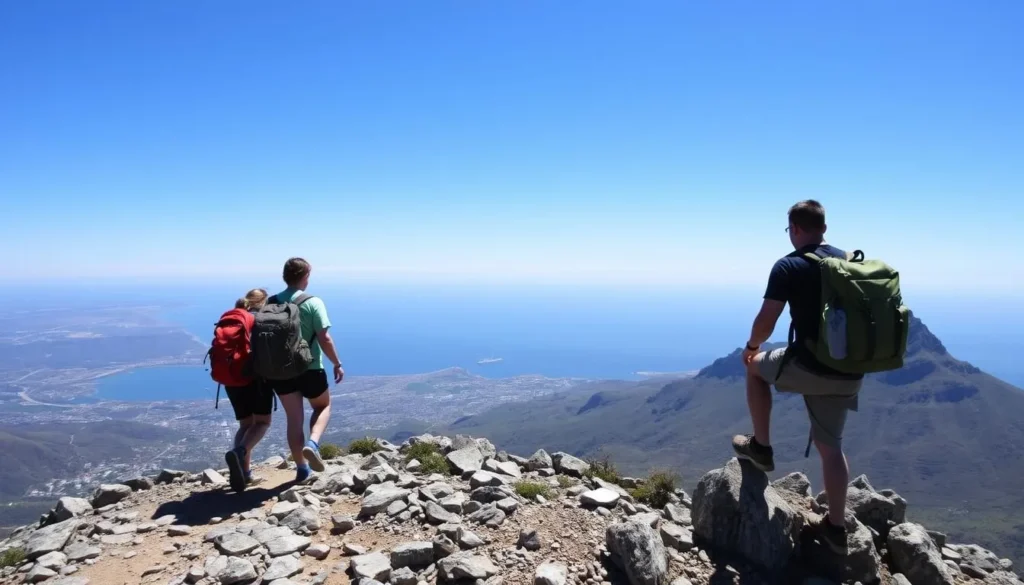 Hikers on Table Mountain with panoramic views of Cape Town, among the South Africa best things to do Hikers on Table Mountain with panoramic views of Cape Town, among the South Africa best things to do