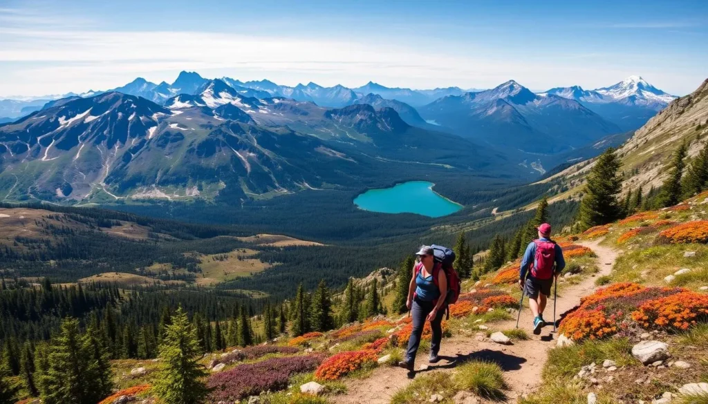 Hikers on a mountain trail near Winthrop with views of the North Cascades and alpine lakes on a clear sunny day