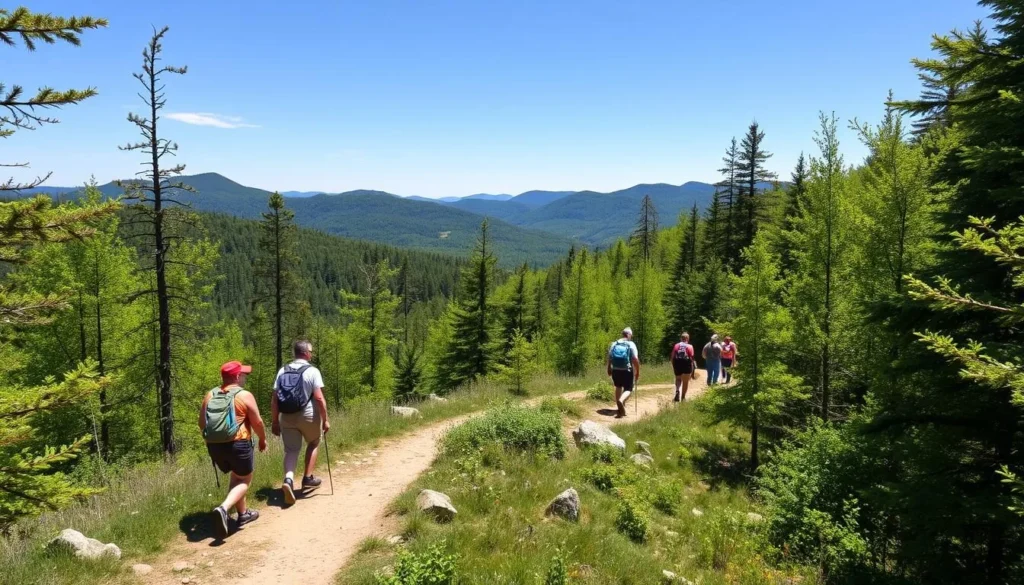Hikers on a scenic trail in Monongahela National Forest with mountain views