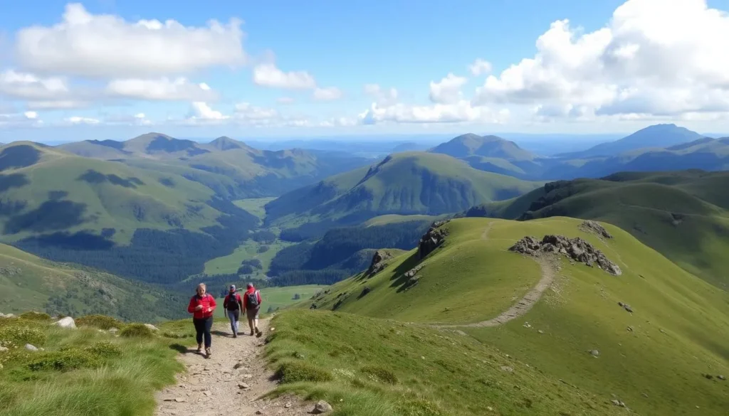 Hikers on a scenic trail in the Langdale Valley with mountain views in the Lake District Hikers on a scenic trail in the Langdale Valley with mountain views in the Lake District