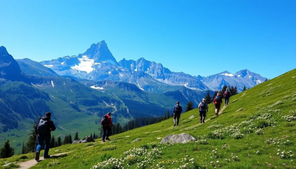 Hikers on a scenic trail in the Tatra Mountains with dramatic peaks and alpine meadows