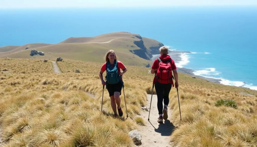 Hikers on a trail in the Falkland Islands with coastal views Hikers on a trail in the Falkland Islands with coastal views