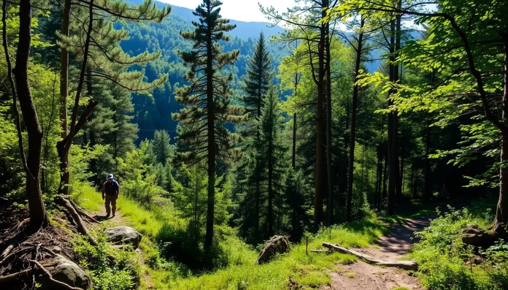Hikers on a trail in the mountains near Helen Georgia with forest views