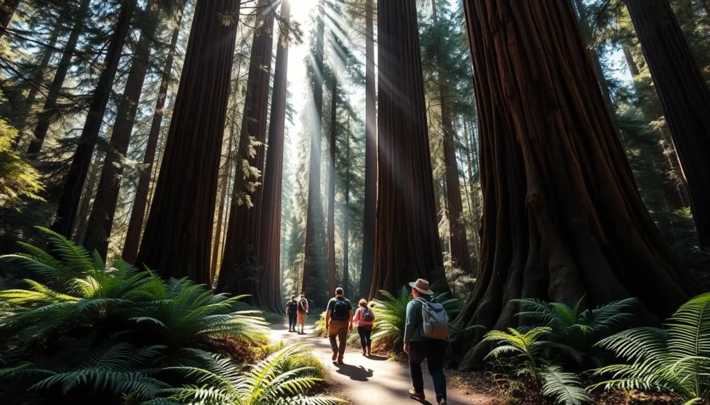 Hikers on a trail through towering redwood trees in Henry Cowell Redwoods State Park Hikers on a trail through towering redwood trees in Henry Cowell Redwoods State Park