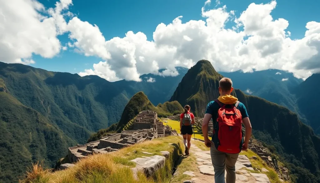 Hikers on the Inca Trail with mountain views and ancient stone path Hikers on the Inca Trail with mountain views and ancient stone path