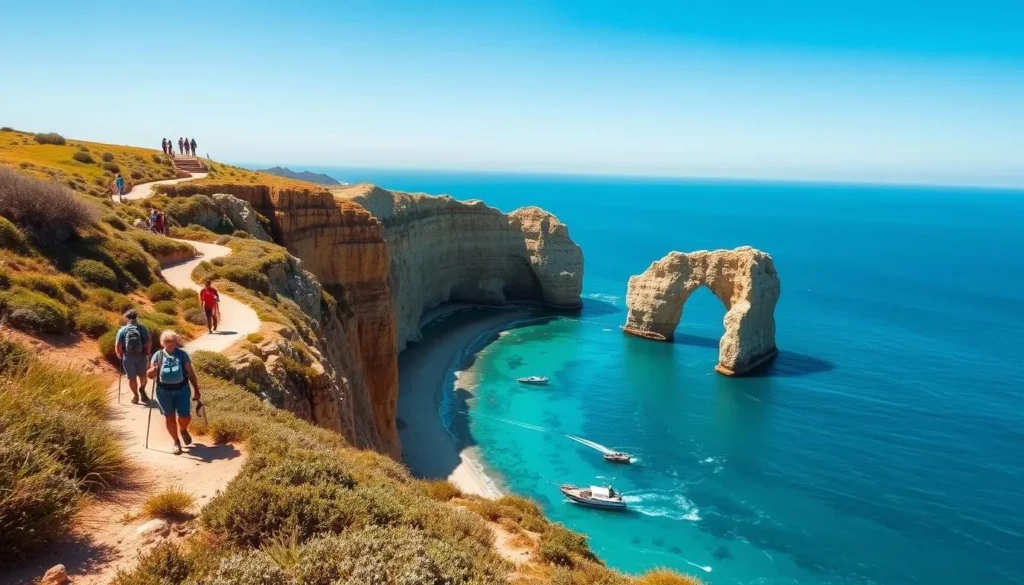Hikers on the Seven Hanging Valleys Trail in the Algarve with coastal views