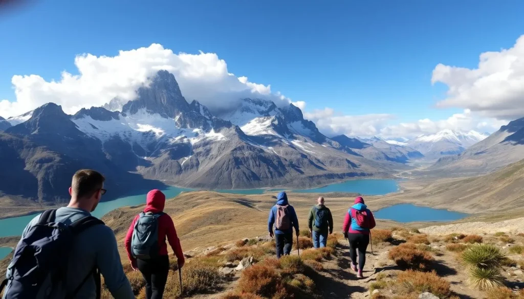 Hikers on the W Trek trail in Torres del Paine National Park with the Cuernos mountains in background Hikers on the W Trek trail in Torres del Paine National Park with the Cuernos mountains in background