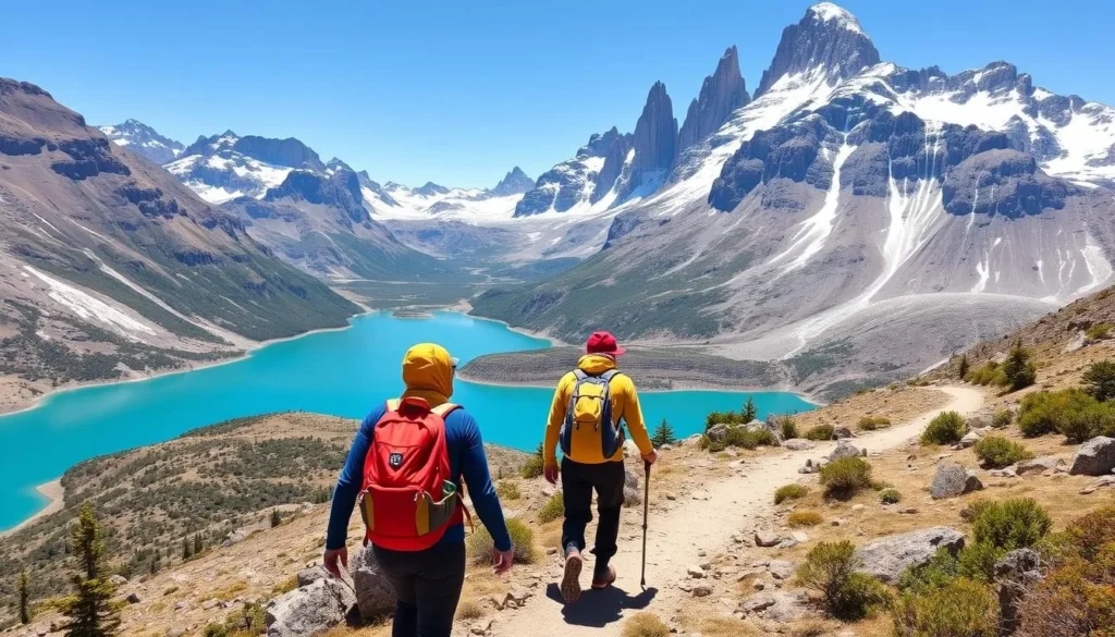 Hikers on the famous W Trek trail in Torres del Paine National Park, one of the best things to do in Chile Hikers on the famous W Trek trail in Torres del Paine National Park, one of the best things to do in Chile