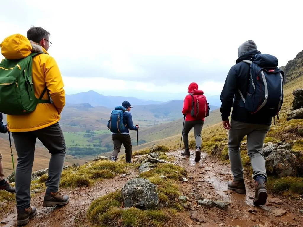 Hikers prepared for changeable weather on a Lake District trail with proper gear Hikers prepared for changeable weather on a Lake District trail with proper gear