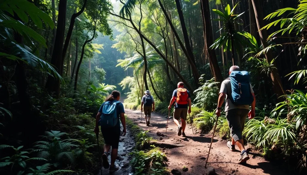 Hikers trekking through the lush jungle on the Kokoda Track in Papua New Guinea