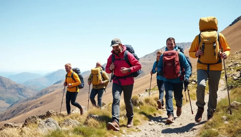Hikers with proper gear walking on a trail in Snowdonia National Park with mountain views