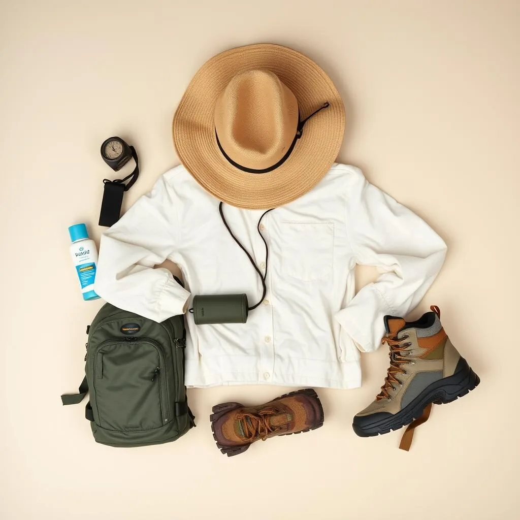 Hiking gear including hat, sunscreen, and water bottle for Vernal's climate Hiking gear including hat, sunscreen, and water bottle for Vernal's climate
