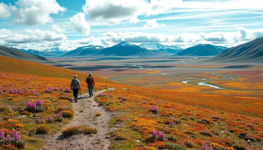 Hiking on Arctic tundra with wildflowers in Svalbard, essential Svalbard and Jan Mayen things to do Hiking on Arctic tundra with wildflowers in Svalbard, essential Svalbard and Jan Mayen things to do