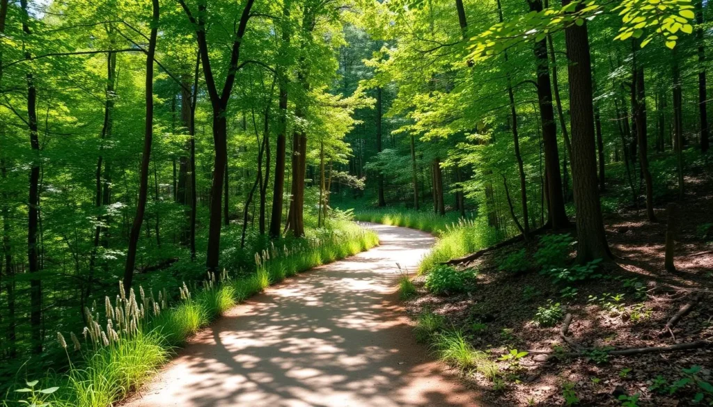 Hiking trail at Croft State Park in Spartanburg with lush greenery and forest views