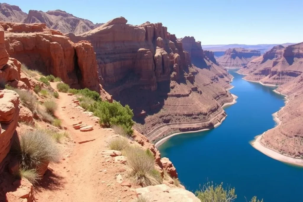Hiking trail at Flaming Gorge with red cliffs and reservoir views Hiking trail at Flaming Gorge with red cliffs and reservoir views