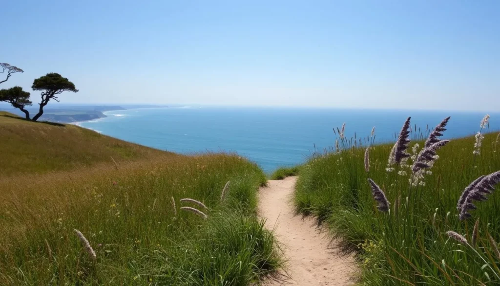 Hiking trail at Shadmoor State Park with ocean views and tall grass