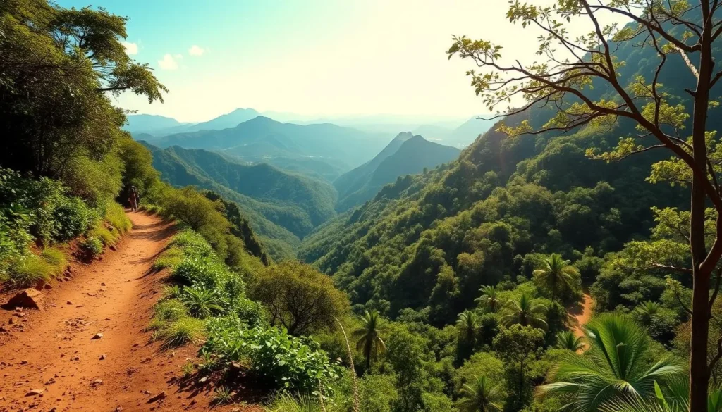 Hiking trail in Black River Gorges National Park with lush vegetation and mountain views