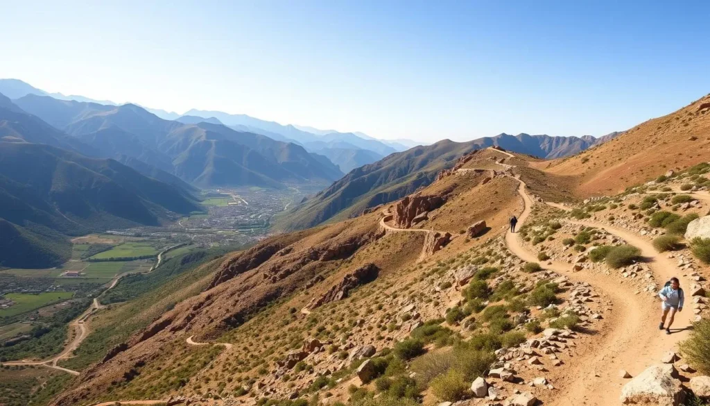 Hiking trail in the High Atlas Mountains with traditional Berber villages visible in the valley, showcasing Morocco's best outdoor activities