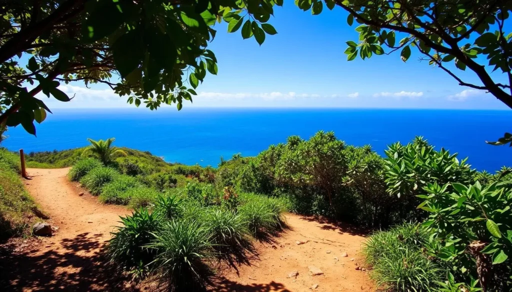 Hiking trail on Pitcairn Island with ocean views and lush vegetation