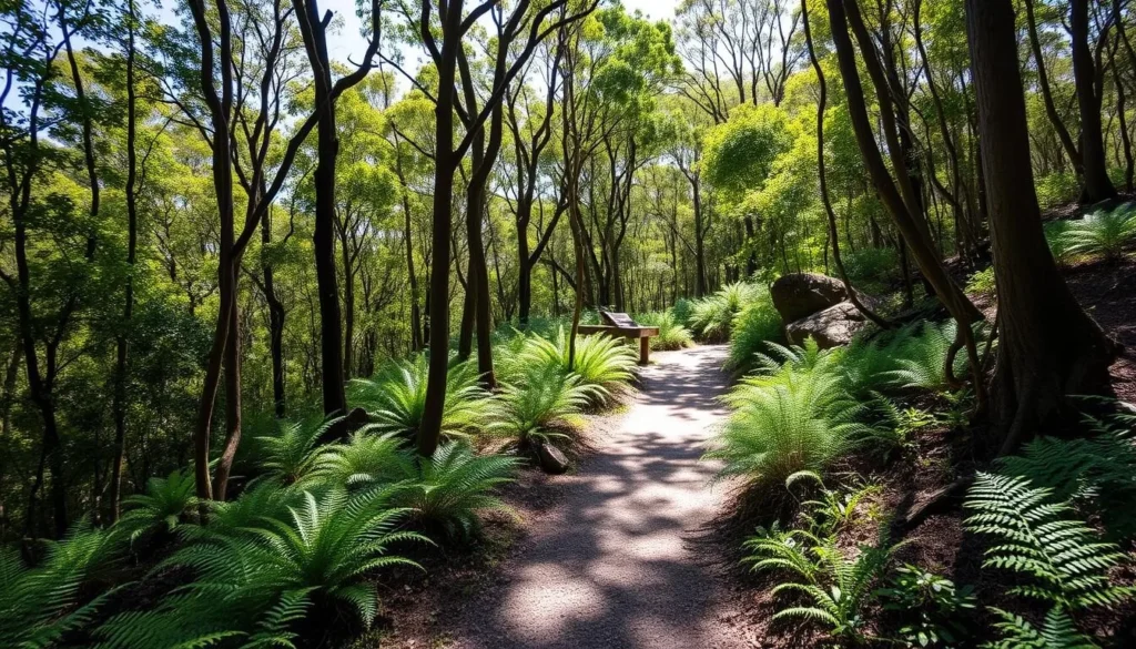 Hiking trail through Glenrock State Conservation Area with lush greenery