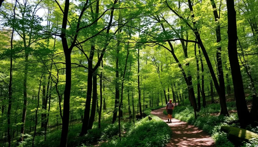 Hiking trail through Rock Creek Park in Washington DC with lush green forest canopy Hiking trail through Rock Creek Park in Washington DC with lush green forest canopy
