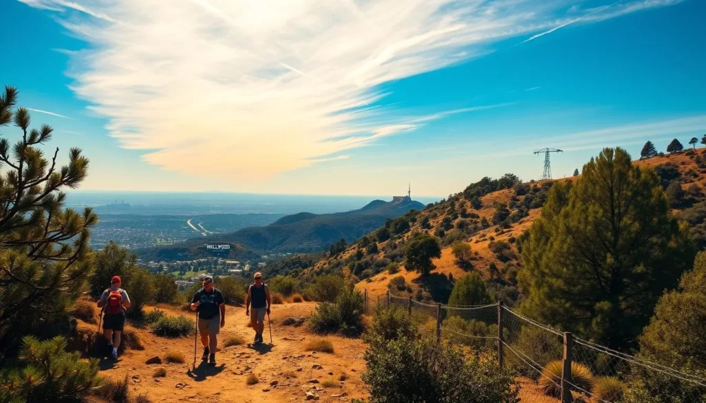 Hiking trails in Griffith Park near Burbank with views of the Hollywood Sign, a popular outdoor activity for visitors to Burbank, California Hiking trails in Griffith Park near Burbank with views of the Hollywood Sign, a popular outdoor activity for visitors to Burbank, California