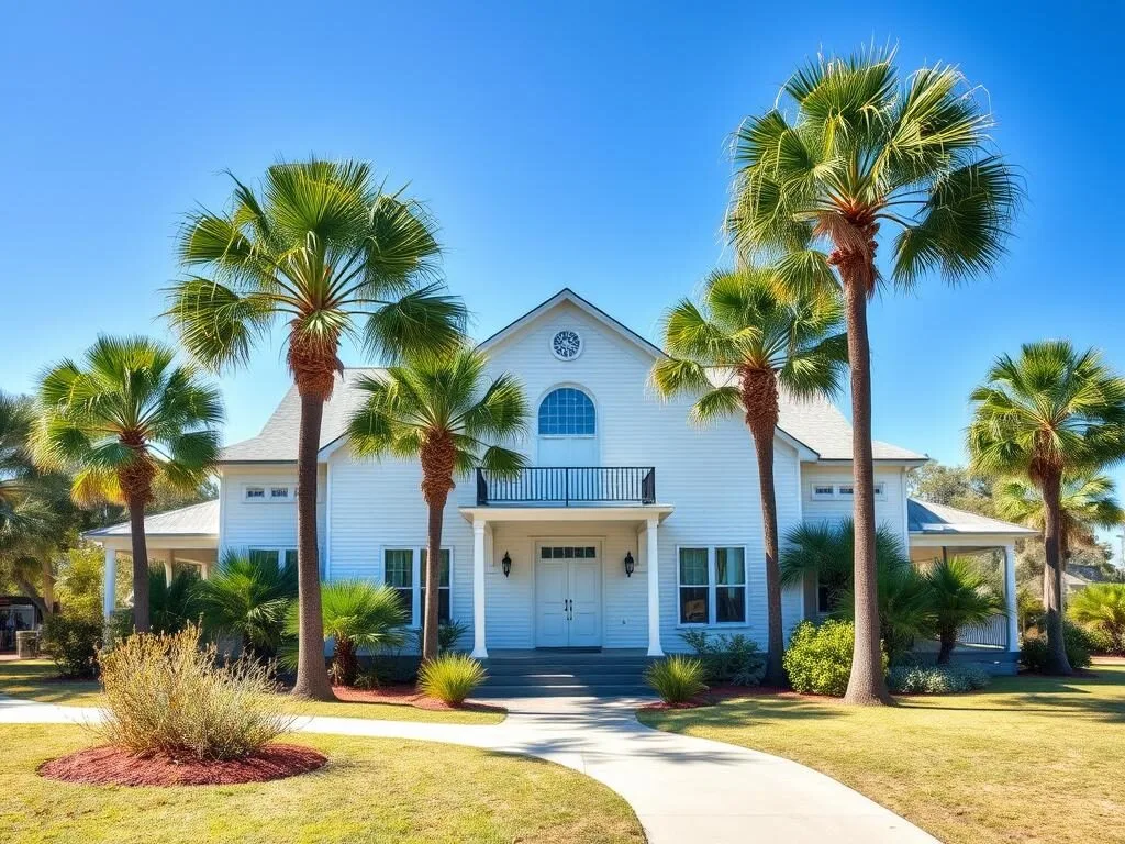 Historic Cedar Key Museum State Park building with white clapboard exterior and surrounding palm trees
