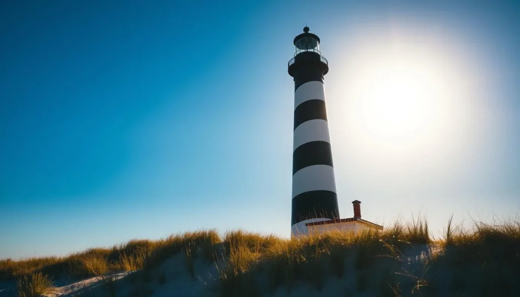 Historic Fire Island Lighthouse against blue sky with beach in foreground Historic Fire Island Lighthouse against blue sky with beach in foreground