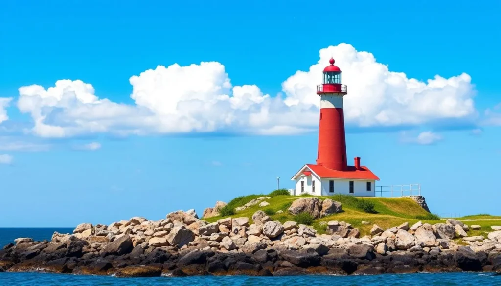 Historic Montauk Point Lighthouse against blue sky with rocky coastline in the foreground