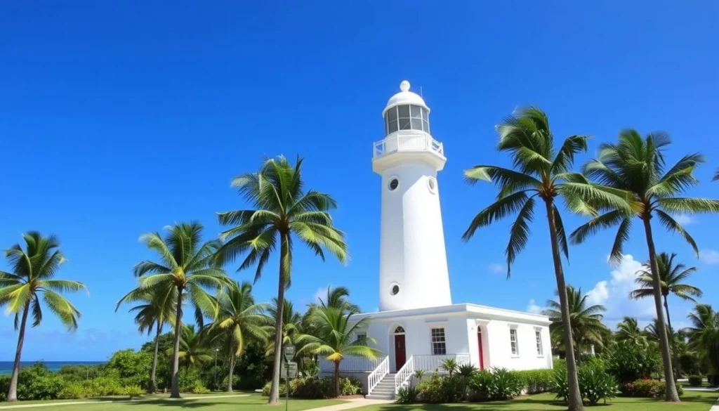Historic Needham's Point Lighthouse at Carlisle Bay against blue sky Historic Needham's Point Lighthouse at Carlisle Bay against blue sky