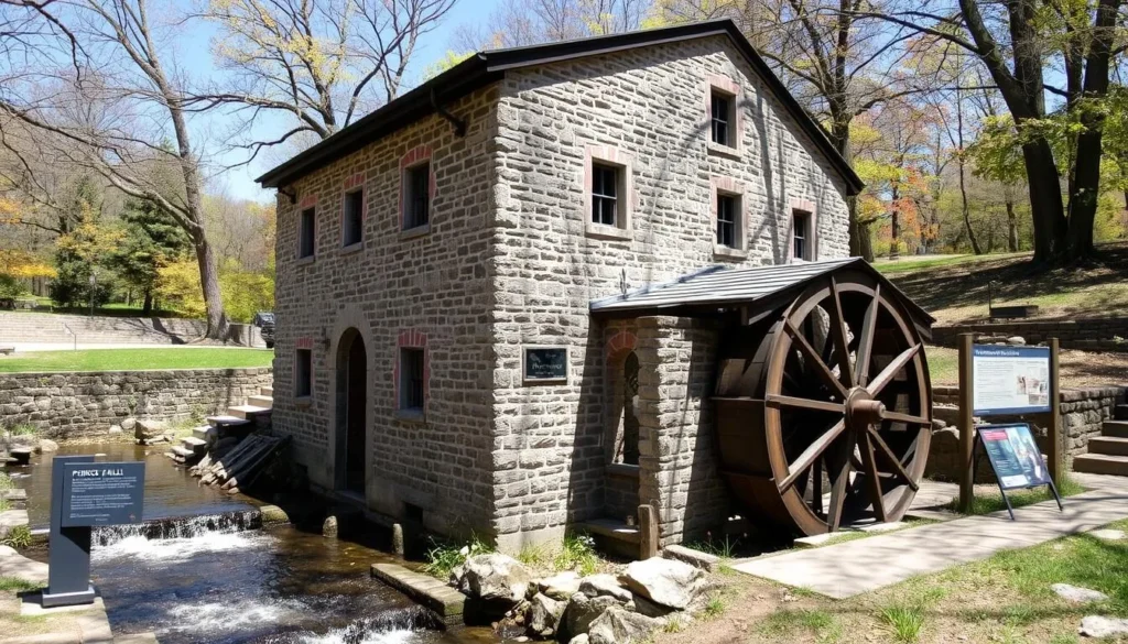 Historic Peirce Mill in Rock Creek Park with water wheel and stone building Historic Peirce Mill in Rock Creek Park with water wheel and stone building