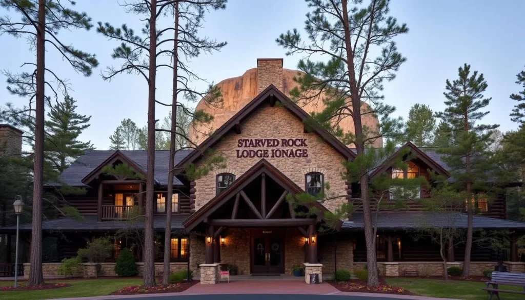 Historic Starved Rock Lodge exterior with rustic architecture surrounded by forest
