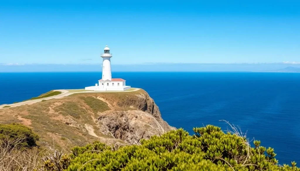 Historic Tacking Point Lighthouse on a headland with ocean views