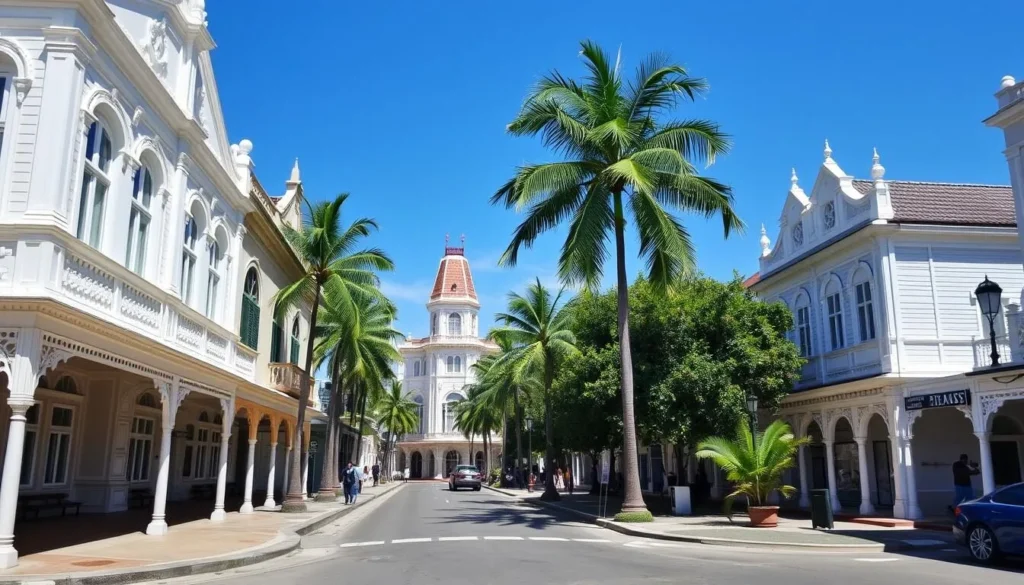 Historic center of Paramaribo with wooden colonial buildings and palm trees