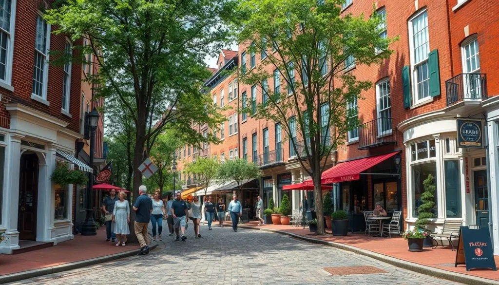 Historic cobblestone street in Georgetown with Federal-style brick townhouses and shops