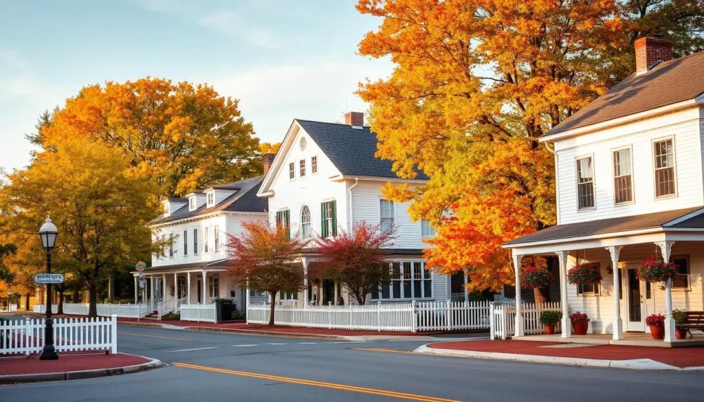 Historic colonial homes and buildings in Glastonbury Connecticut Historic District with autumn foliage