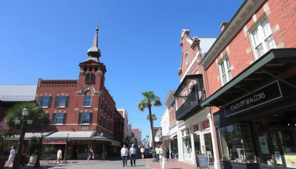 Historic downtown Apalachicola Florida with brick buildings, shops, and pedestrians exploring the charming streets Historic downtown Apalachicola Florida with brick buildings, shops, and pedestrians exploring the charming streets