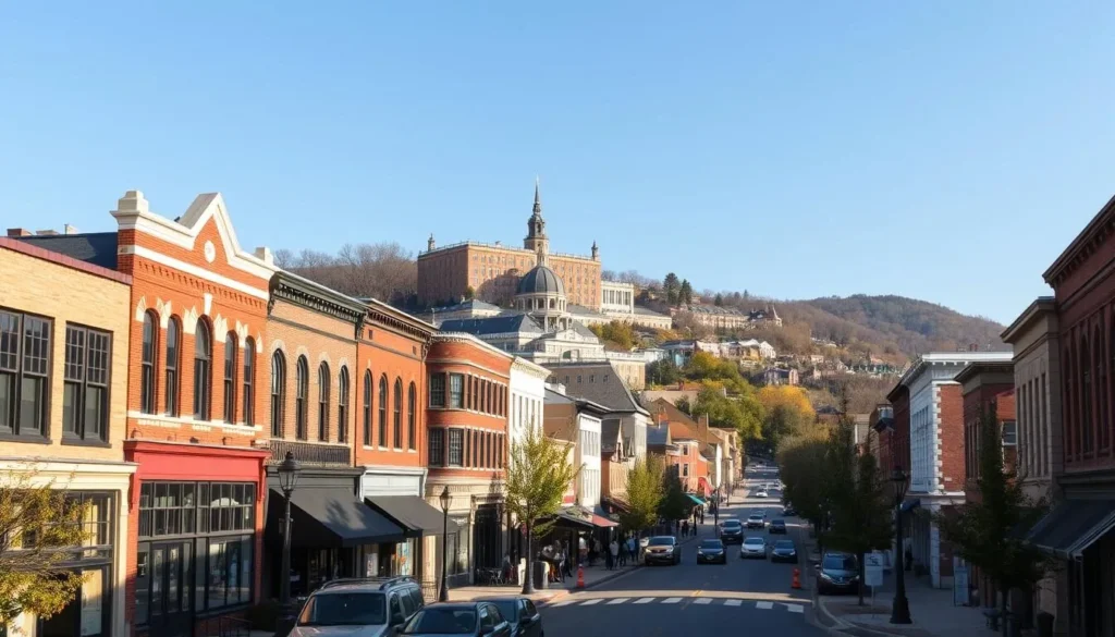 Historic downtown Morgantown, West Virginia with WVU campus visible in the background