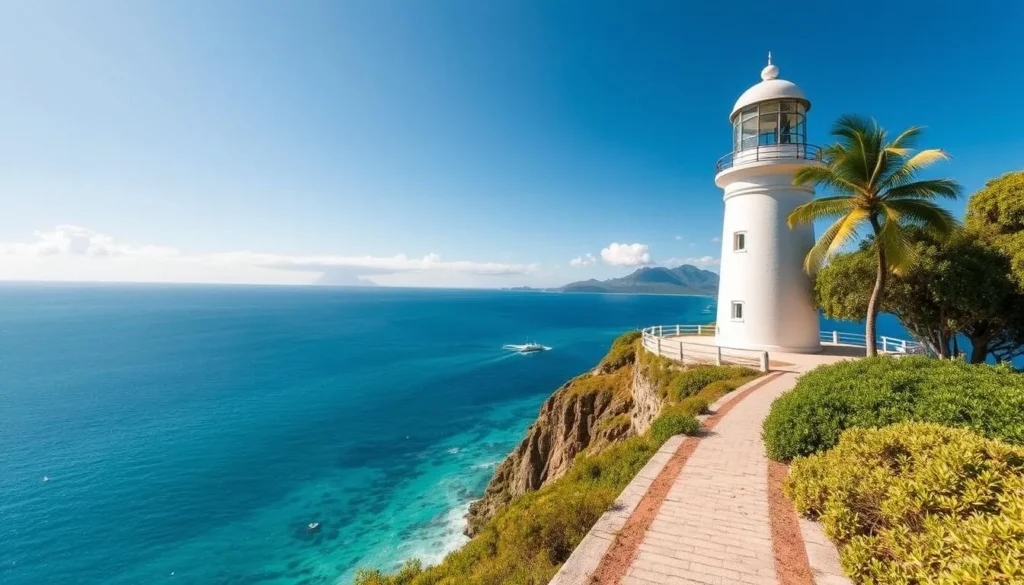 Historic lighthouse on Fitzroy Island National Park, Queensland with ocean view Historic lighthouse on Fitzroy Island National Park, Queensland with ocean view