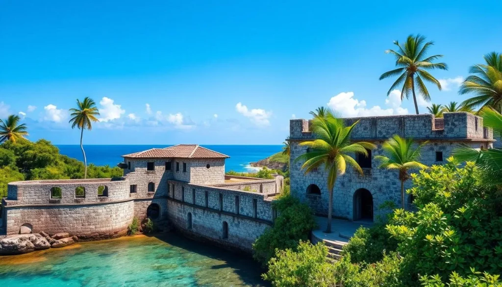 Historic prison buildings on Île Royale with tropical vegetation and ocean views Historic prison buildings on Île Royale with tropical vegetation and ocean views
