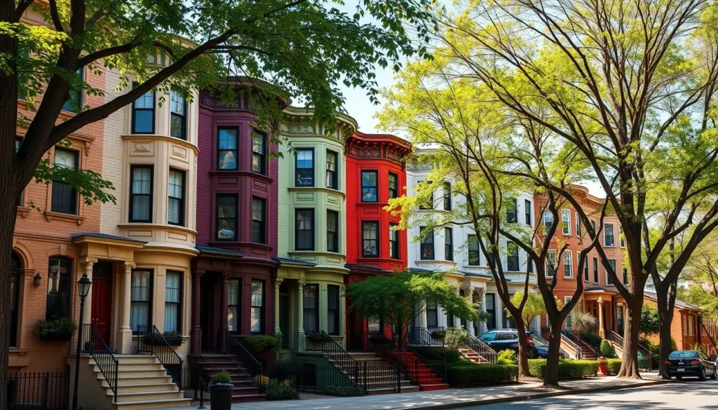 Historic row houses with colorful facades in a residential Washington DC neighborhood Historic row houses with colorful facades in a residential Washington DC neighborhood