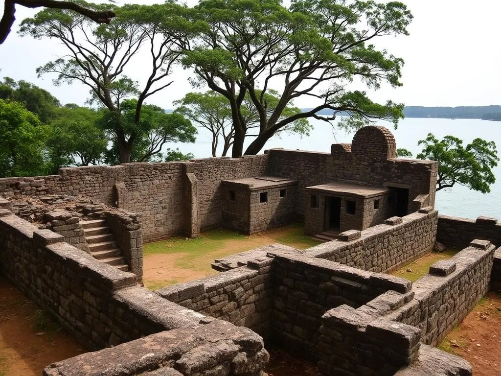 Historic ruins of Bunce Island slave fort in Sierra Leone with stone walls against a backdrop of trees and water Historic ruins of Bunce Island slave fort in Sierra Leone with stone walls against a backdrop of trees and water