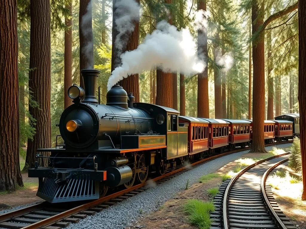 Historic steam train at Roaring Camp Railroads traveling through redwood forest Historic steam train at Roaring Camp Railroads traveling through redwood forest