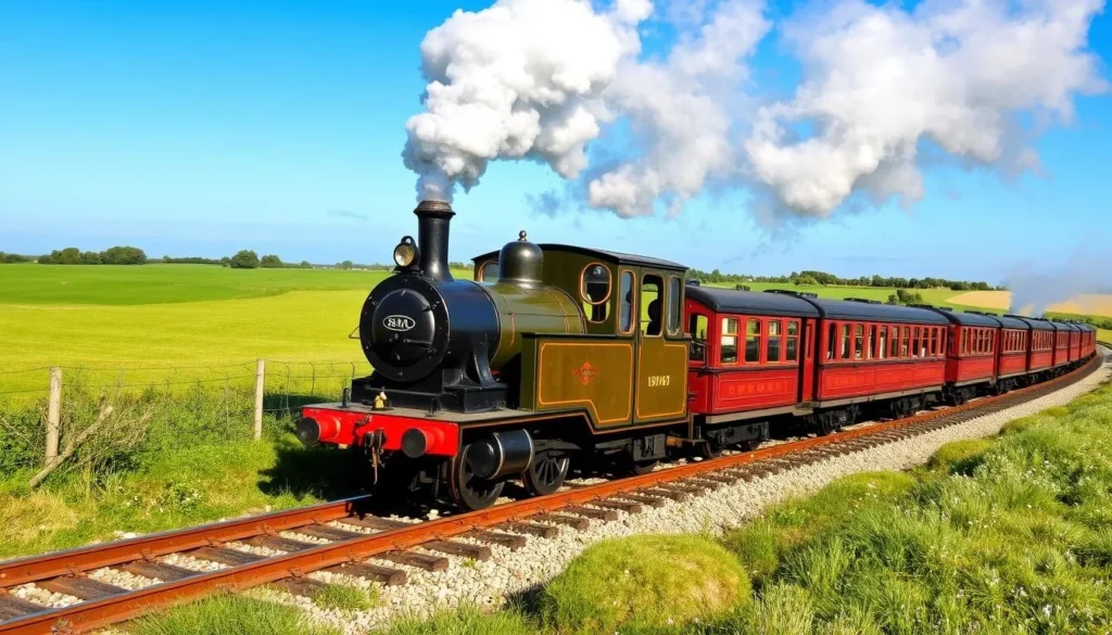 Historic steam train of the Romney, Hythe & Dymchurch Railway traveling through Kent countryside Historic steam train of the Romney, Hythe & Dymchurch Railway traveling through Kent countryside