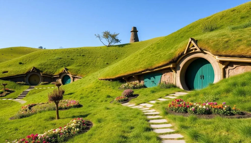 Hobbiton Movie Set with colorful hobbit holes, one of the most popular things to do in New Zealand Hobbiton Movie Set with colorful hobbit holes, one of the most popular things to do in New Zealand